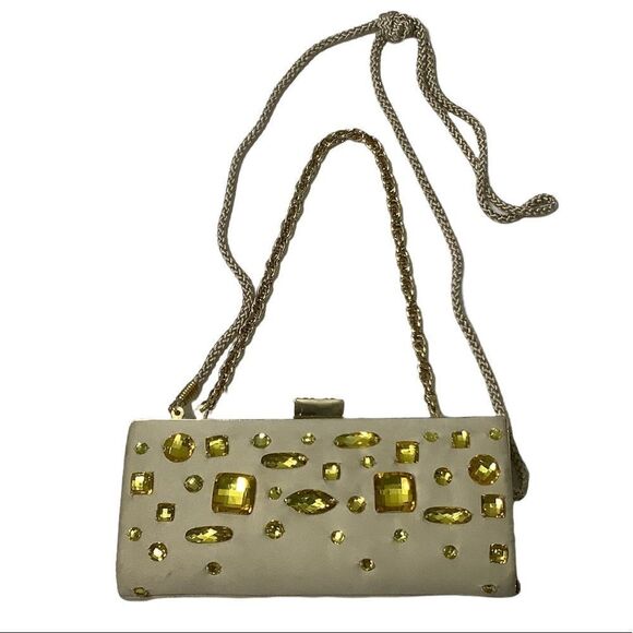 Kate Landry Gold Jeweled Clutch Satin Gold RN 58909 Two Chain Handles - Picture 1 of 14